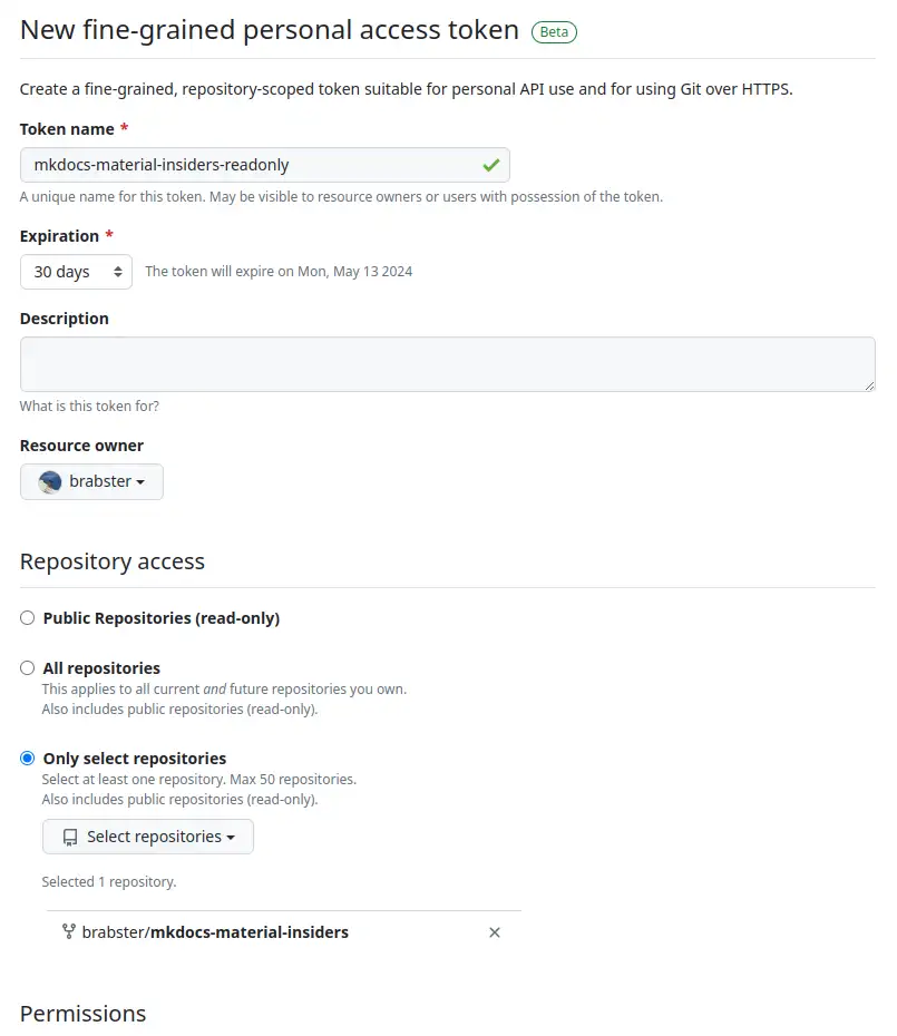 Screenshot of GitHub access token settings, with the forked repo selected