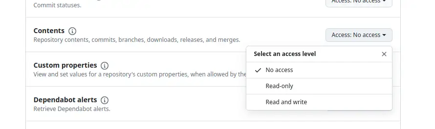Screenshot of GitHub access token settings, showing the contents read permission required