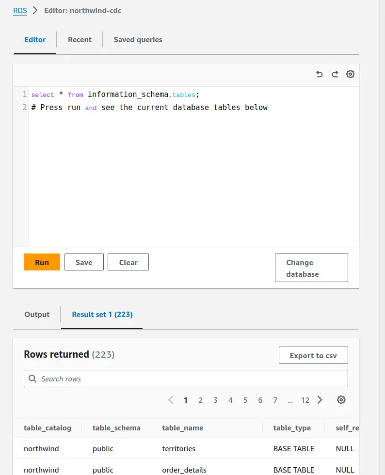 Screenshot of RDS Query Editor in AWS console, showing an information schema query and results