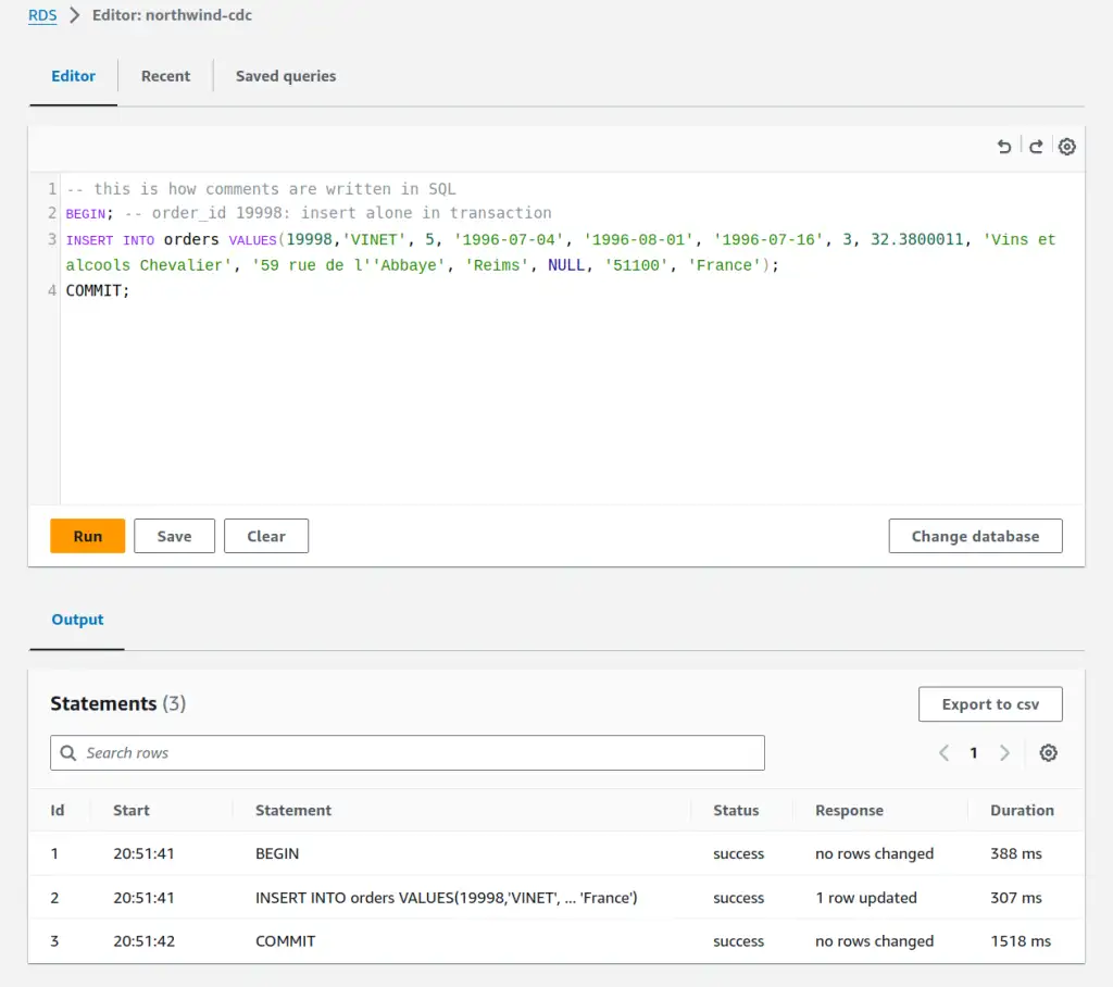 Screenshot of RDS Query Editor in AWS console, showing the last transaction completed successfully