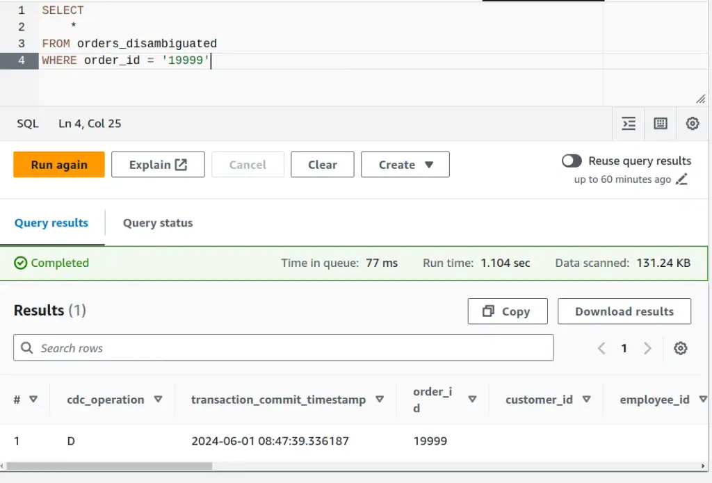 Screenshot of Athena output of one row for disambiguated transaction