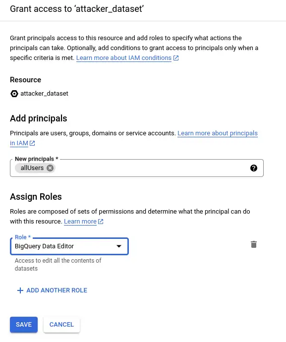 BigQuery console showing share panel for attacker_dataset granting Data Editor to allUsers