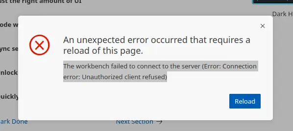 Codespaces error 'Connection error unauthorised client refused' appears when connecting to Codespace