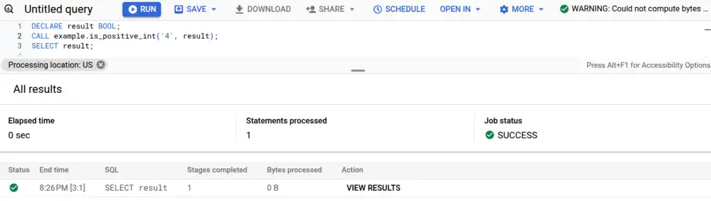 Calling the stored procedure. The results panel shows that it was successful.