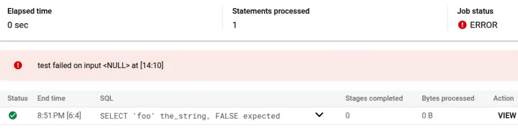 Testing the stored procedure, with the forced failure showing "test failed on input <NULL>".