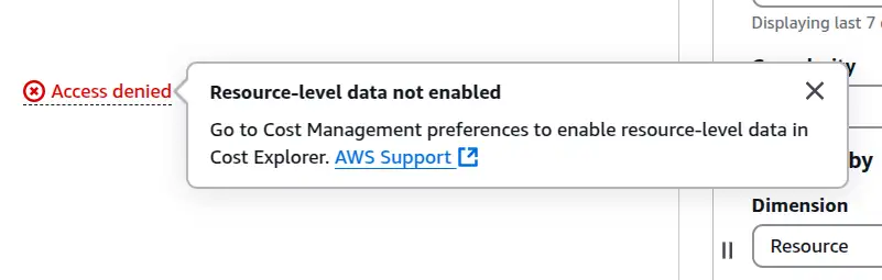 Screenshot of the AWS cost explorer resource dimension error