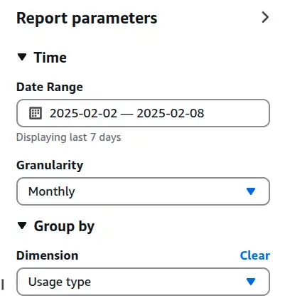 Screenshot of the AWS cost explorer report parameters panel