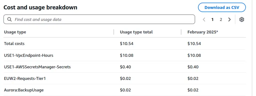 Screenshot of the AWS cost explorer usage breakdown table