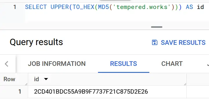 A screenshot of the BigQuery console, with example SQL for generating an identfier from a string value as I outline below