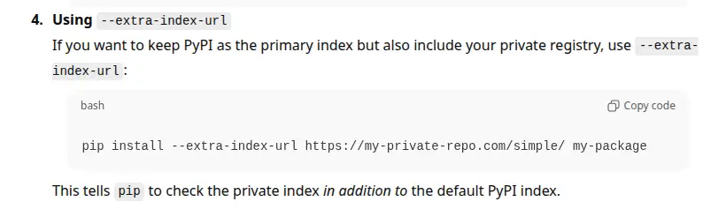 ChatGPT conversation showing a response recommending pip install with --extra-index-url flag for private package registry, with text explaining this allows searching both PyPI and private registry